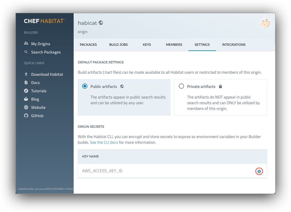 The administrator or owner’s view of the origin settings tab with a public default package setting and a saved origin secret